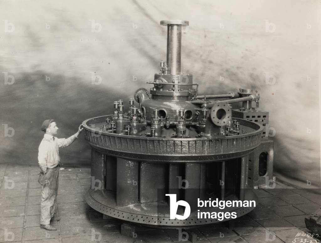 Shop assembly of the first hydraulic turbine built at Newport News, 1923 (b/w photo)