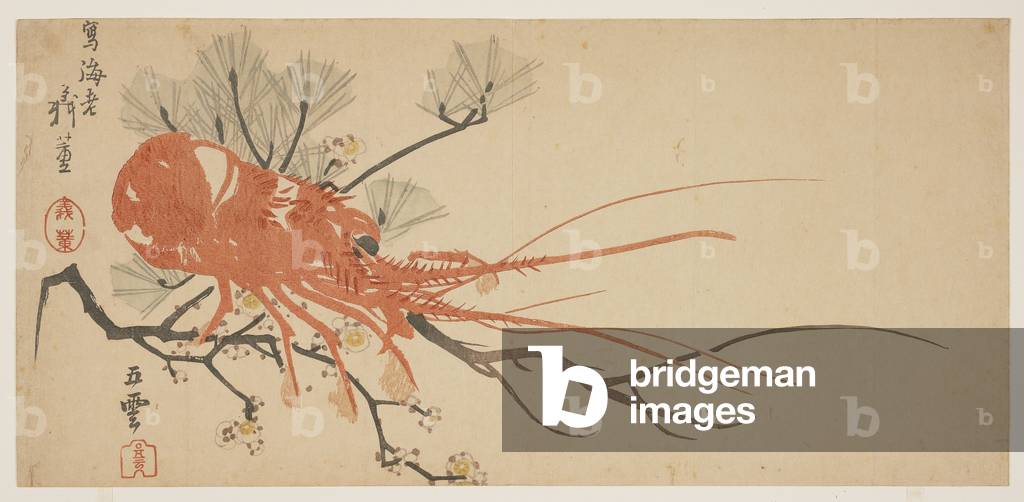 Lobster, plum and pine branch, c.1818 (colour woodblock print)