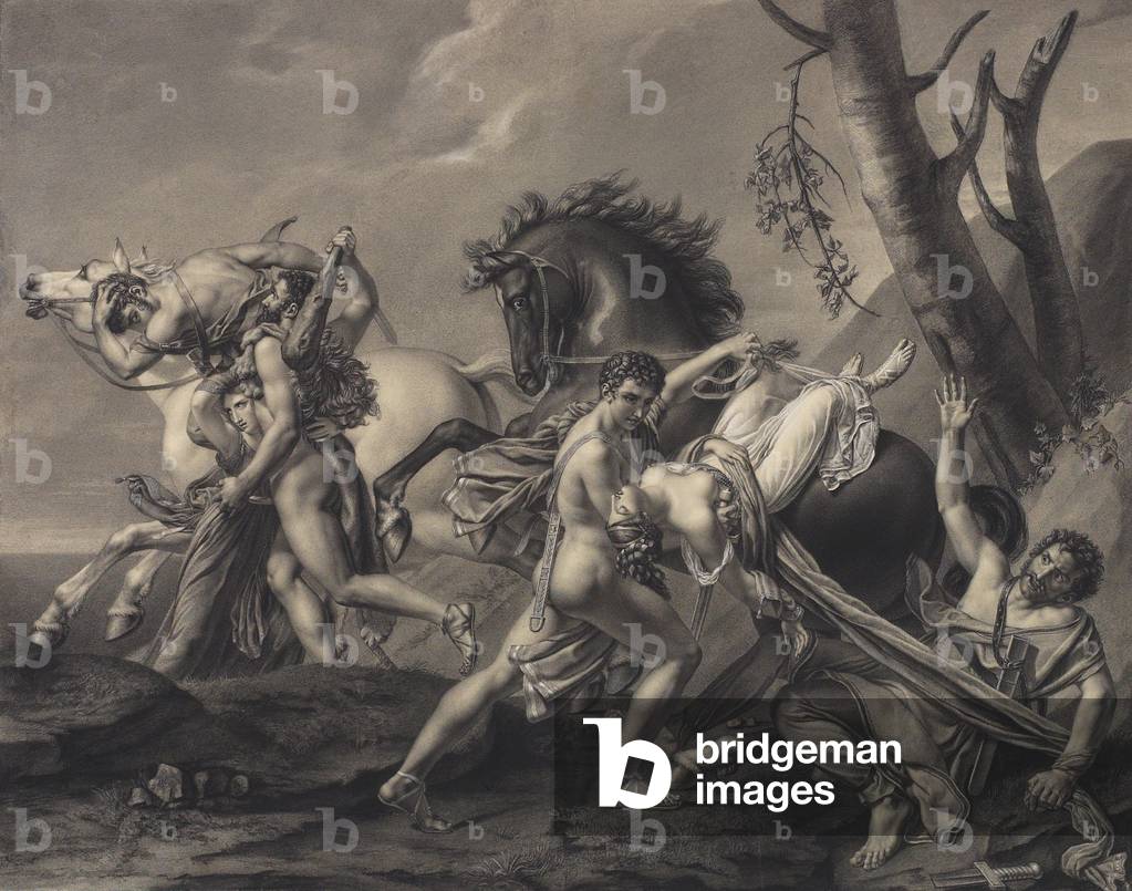 Theseus and Pirithoüs Clearing the Earth of Brigands, Deliver Two Women from the Hands of their Abductors, 1806 (black, white, blue, ochre chalks on ivory paper)