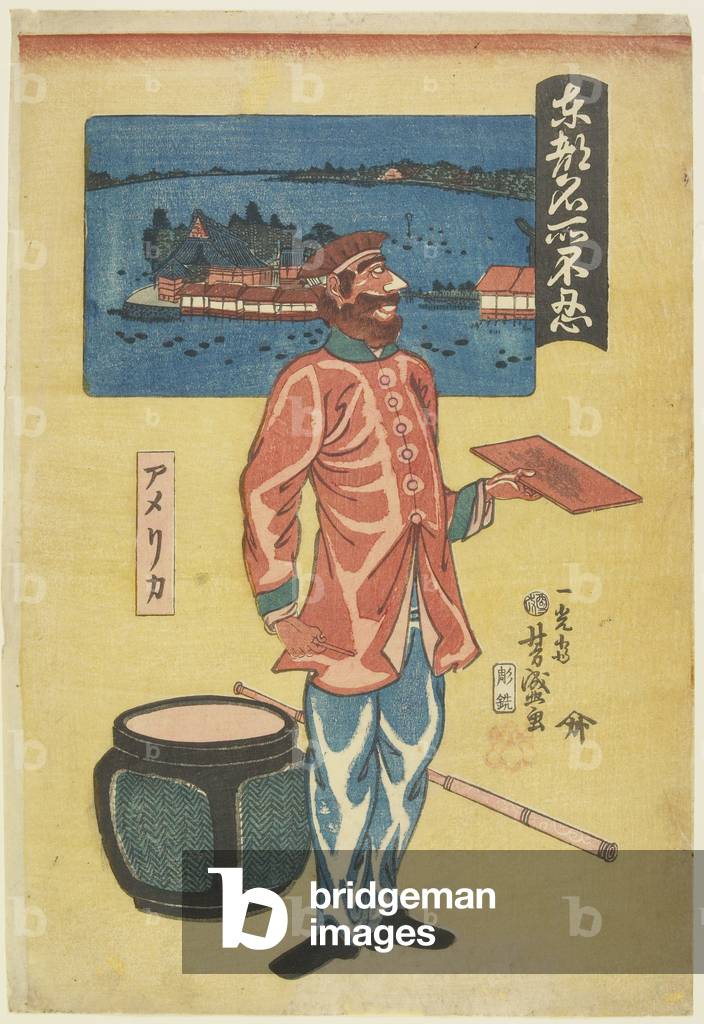 American at Shinobazu, 1861 (colour woodblock print)