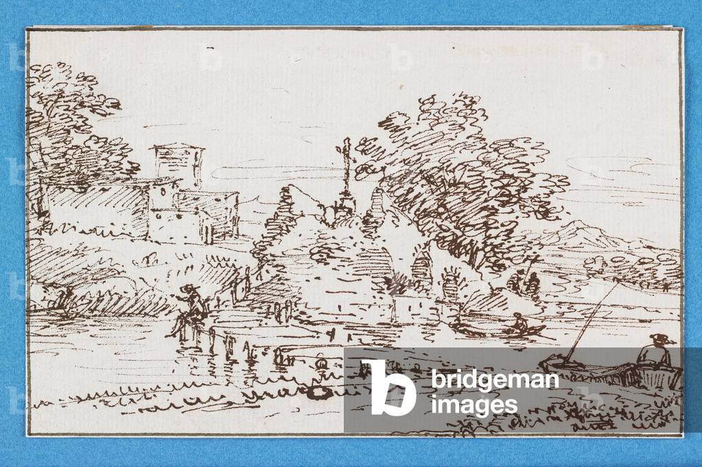 Landscape with Figures Fishing, mid 17th century (pen & brown ink) 