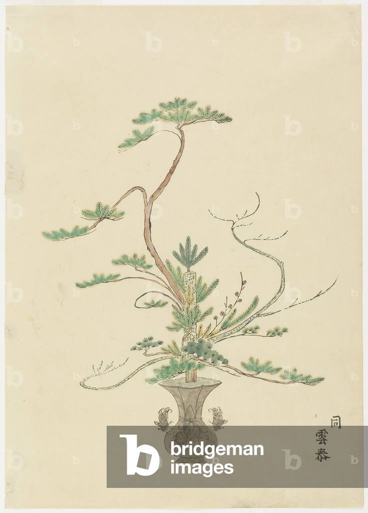 Flower Arrangement by Takada Anritsubō Untai; Pine, Bamboo and Plum (hand-coloured woodblock print)