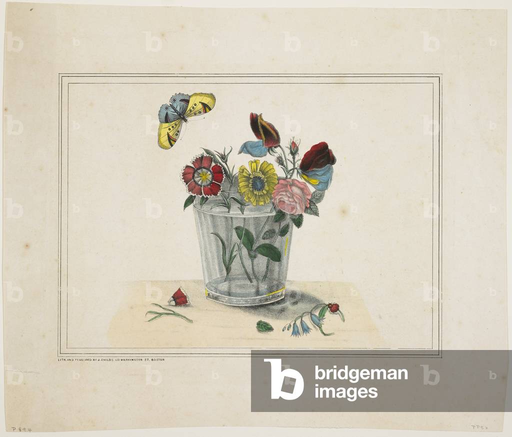 Flowers in a Glass, with Butterfly (hand-coloured litho)