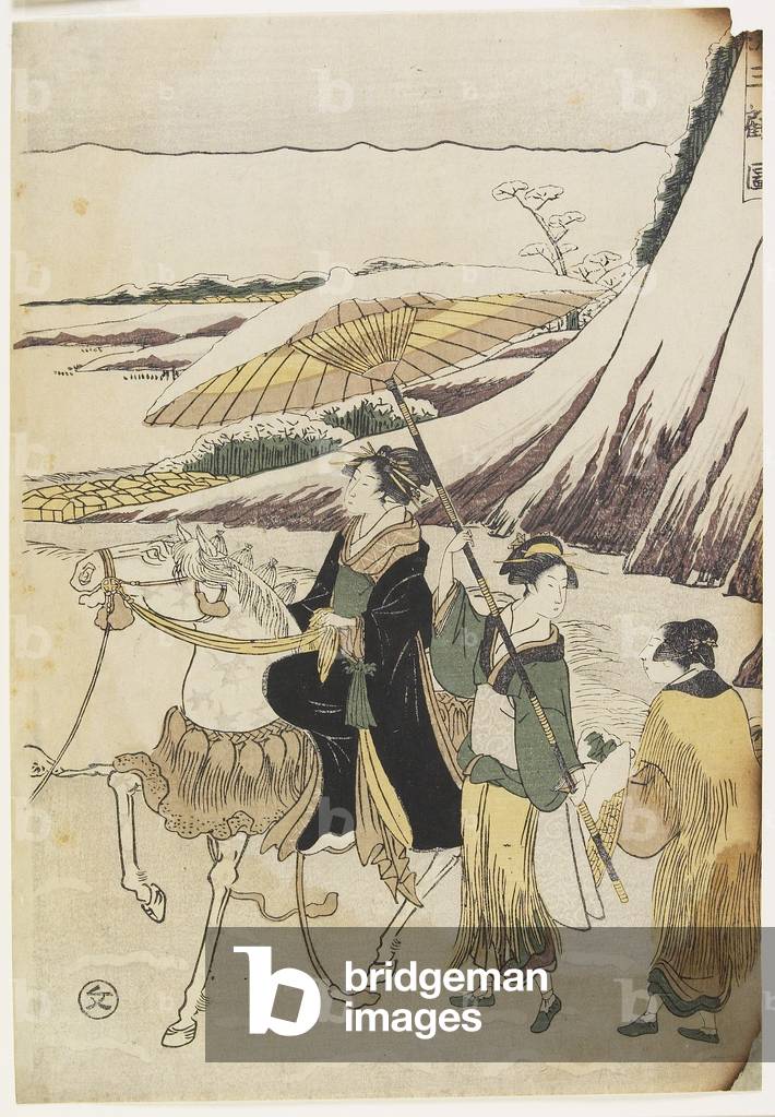 Three Women Travelling through a Ravine, 1794-96 (colour woodblock print)