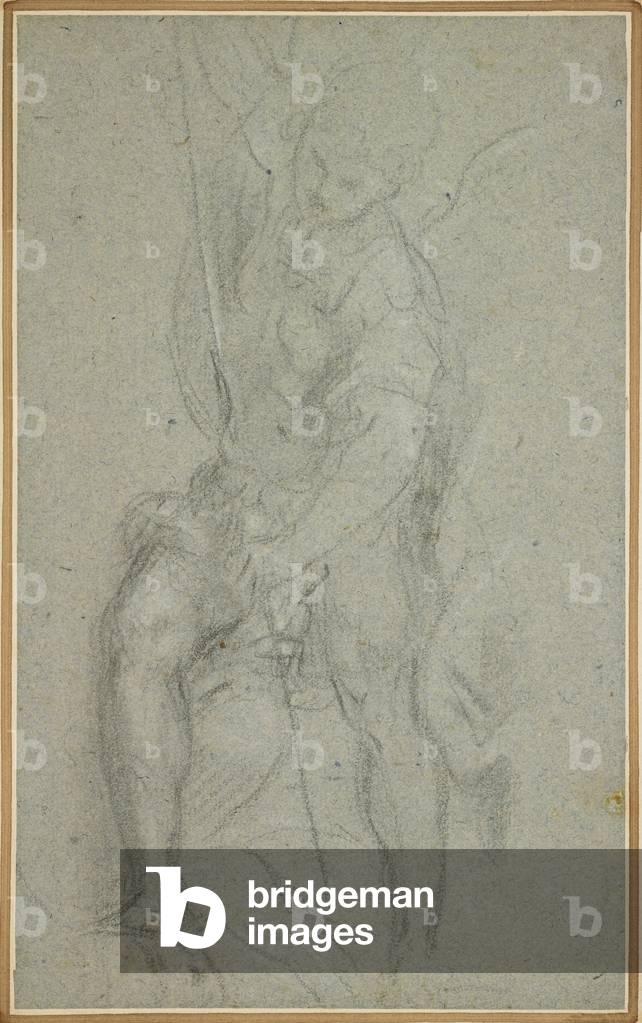 The Archangel Michael Defeating Satan (black chalk with touches of white heightening on blue paper)