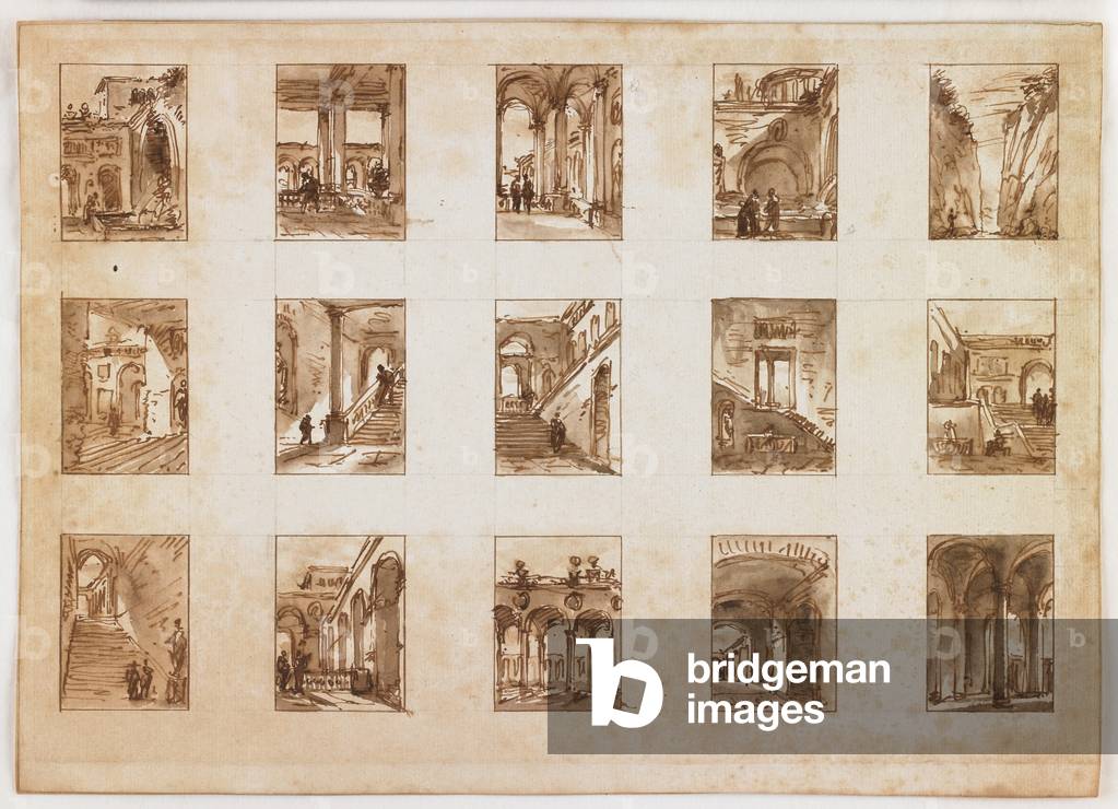 Fifteen Miniature Architectural and Italian Views (pen & brown ink with wash over graphite on paper)