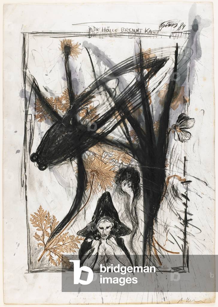 Die Hölle brennt kalt (Hell Burns Cold) 1984 (oil pastel, black crayon, graphite & w/c on a nature-printed engraving in sepia ink)