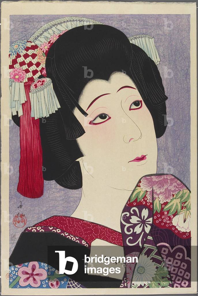 Actor Nakamura Fukusuke V playing the role of Ohan, 1928 (colour woodblock print)