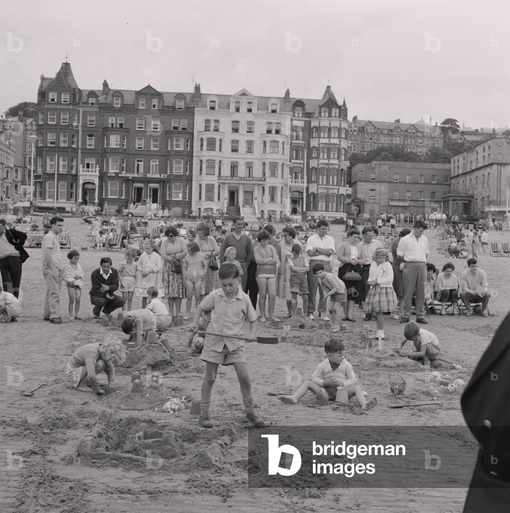Sandcastle competition, Douglas, Isle of Man, July 1960 (b/w photo)