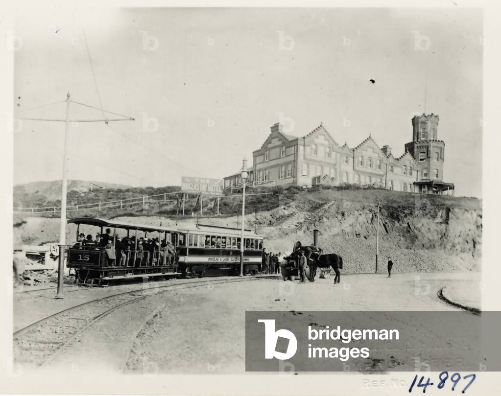 Douglas Laxey Electric Car at the Douglas Bay Hotel, 1894 (b/w photo)