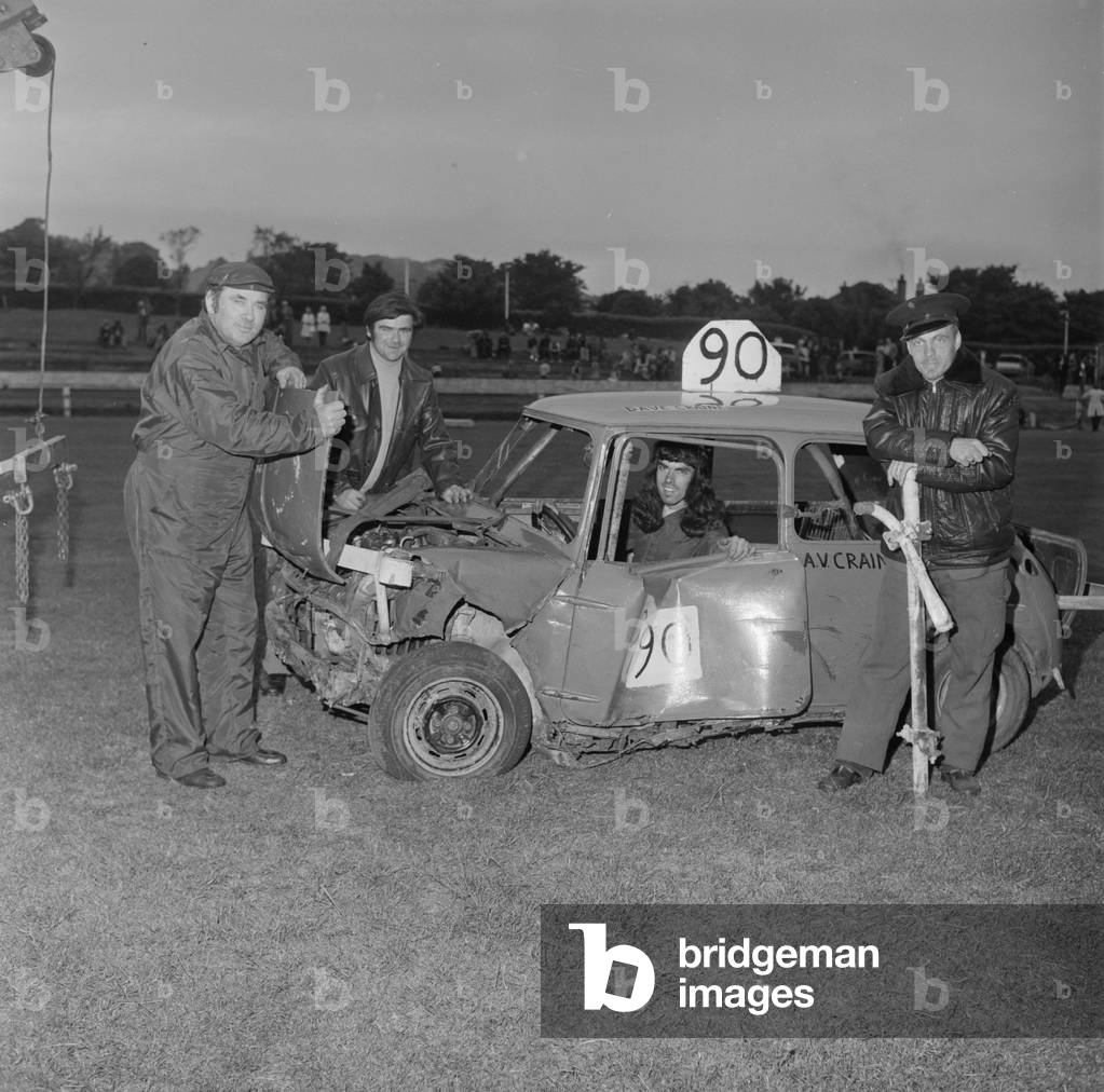 Stock car racing (Dave Craine in driver's seat), July 1977 (b/w photo)