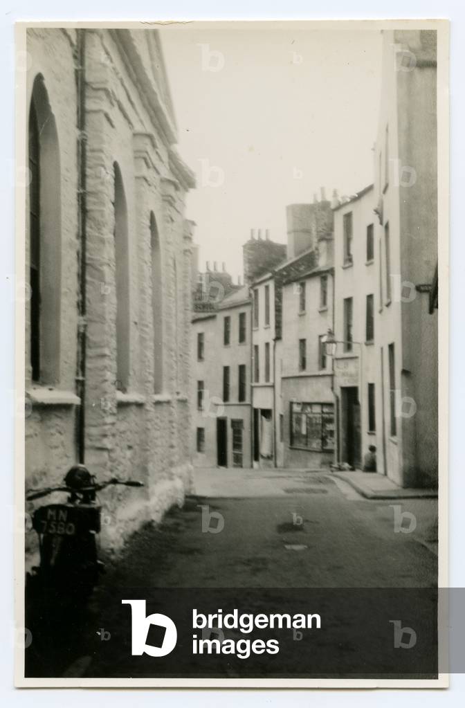 White painted school with motorcycle outside, Douglas, Isle of Man, 1932-34 (b/w photo)