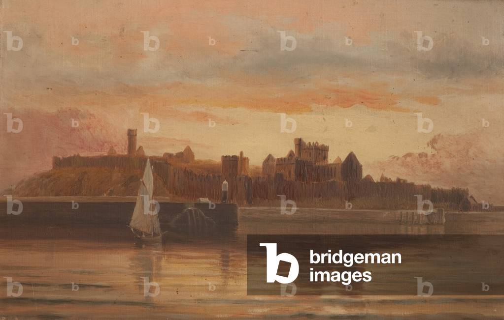 Peel Castle from the sea, at sunset (oil on canvas)