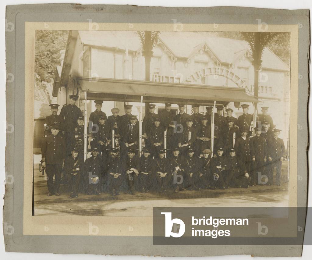 Manx Electric Railway drivers and conductors on a tram outside the Strathallan Hotel, c.1900 (b/w photo)