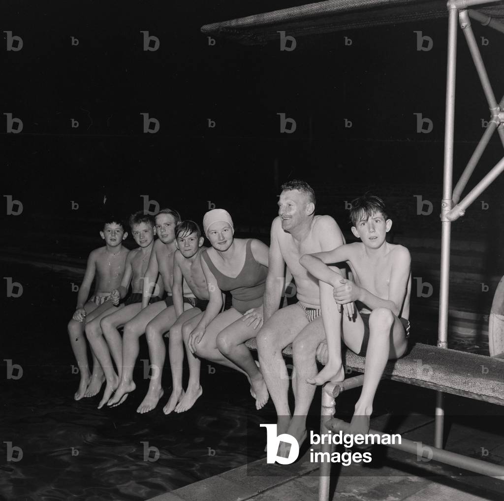 Peel swimmers at night, September 1964 (b/w photo)