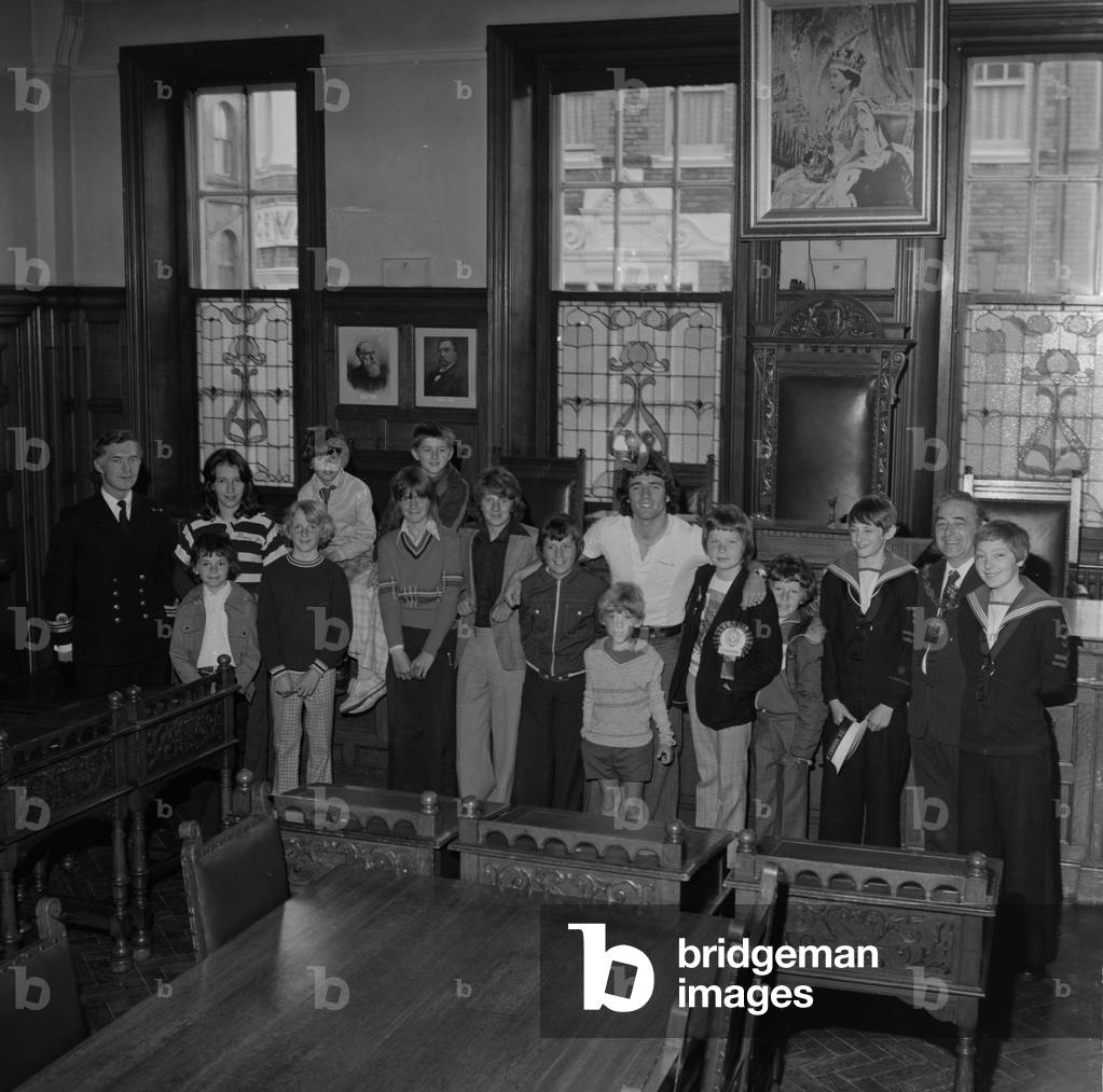 Kevin Keegan at Town Hall, Isle of Man, July 1976 (b/w photo)