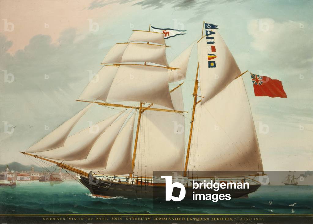 Schooner 'Vixen' entering Leghorn in 1863 under the command of John Sansbury, 1863 (oil on canvas)