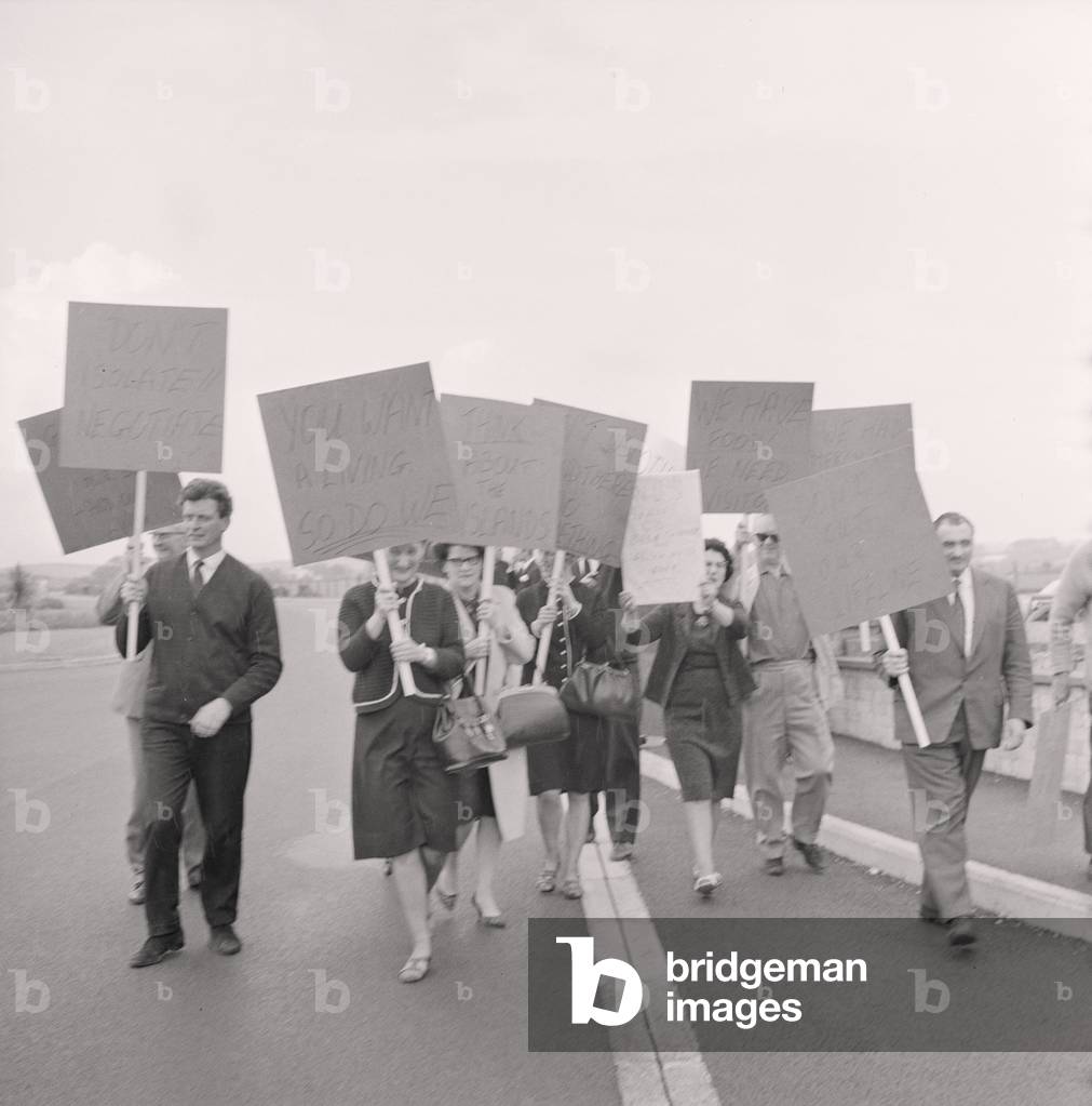 Strike pickets at Ronaldsway Airport, June 1966 (b/w photo)