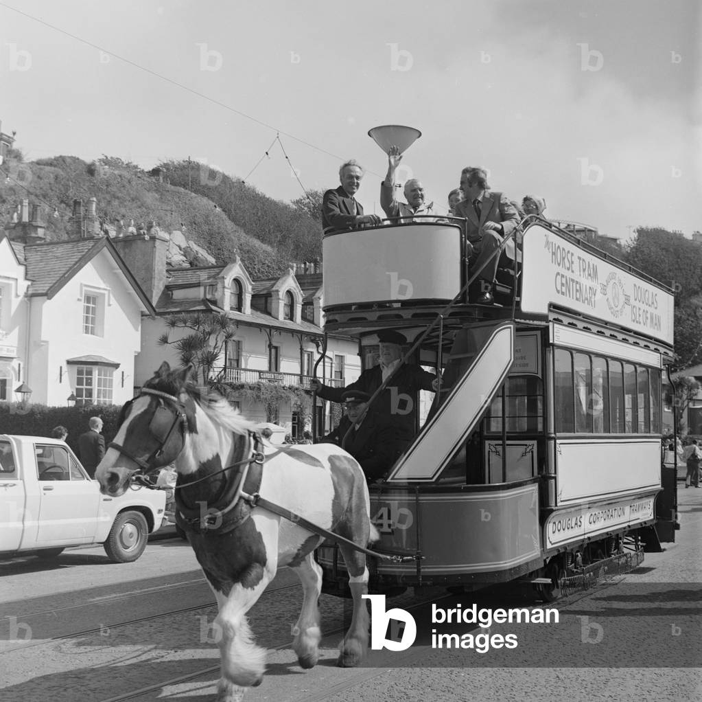 Horse tram parade, Douglas Promenade, Isle of Man, June 1979 (b/w photo)