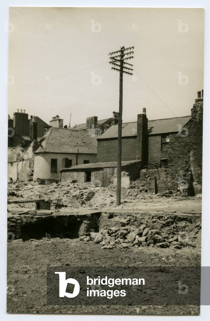Telephone post and demolition, Douglas, Isle of Man, 1932-34 (b/w photo)