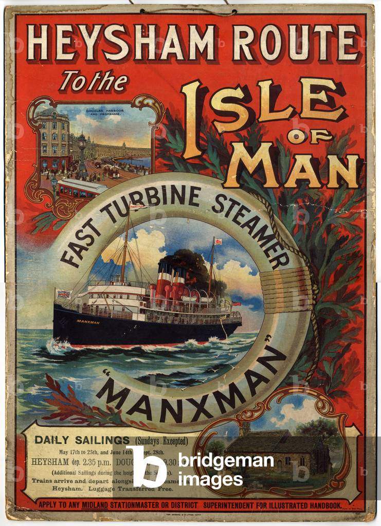 Heysham route to the Isle of Man on the fast turbine steamer 'Manxman', late 19th - early 20th century (colour litho)