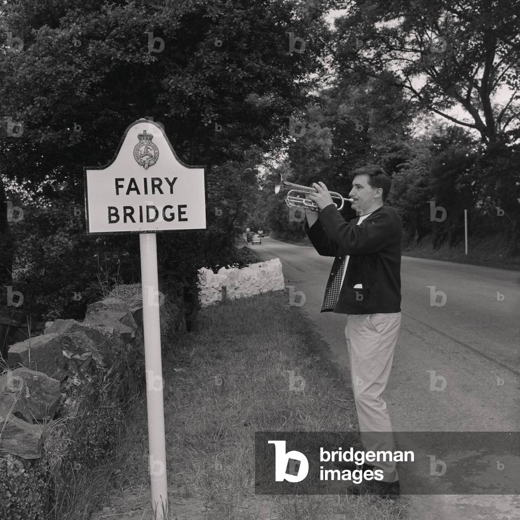 Kenny Ball at Fairy Bridge, Isle of Man, July 1964 (b/w photo)