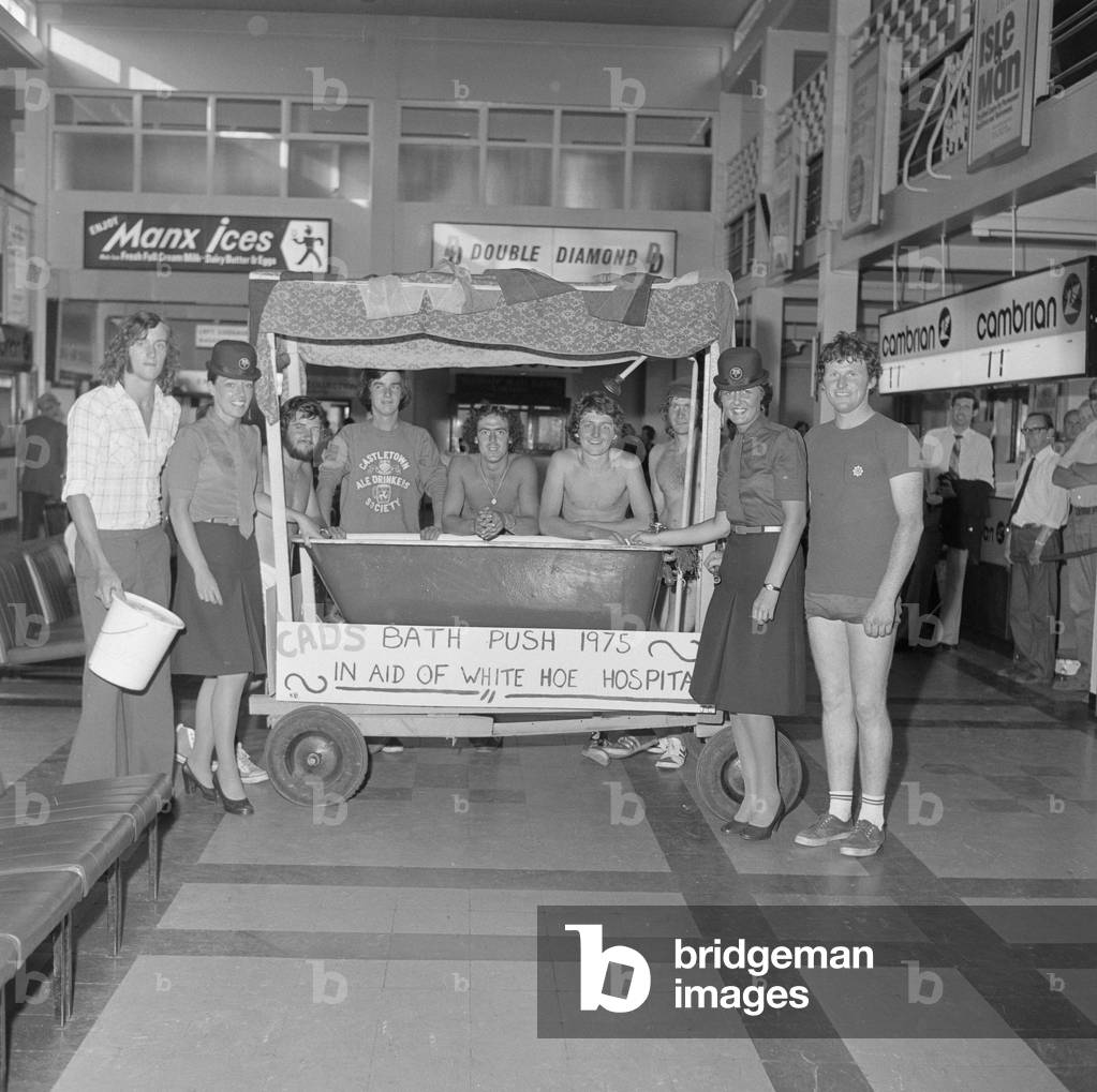 Charity bath push at Ronaldsway Airport, July 1975 (b/w photo)