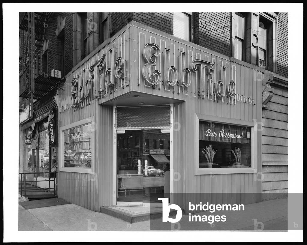 Amsterdam Avenue and 158th Street, N.E. corner. Ebb Tide Bar and Grill, exterior, street corner, 27th February 1954 (b/w photo)