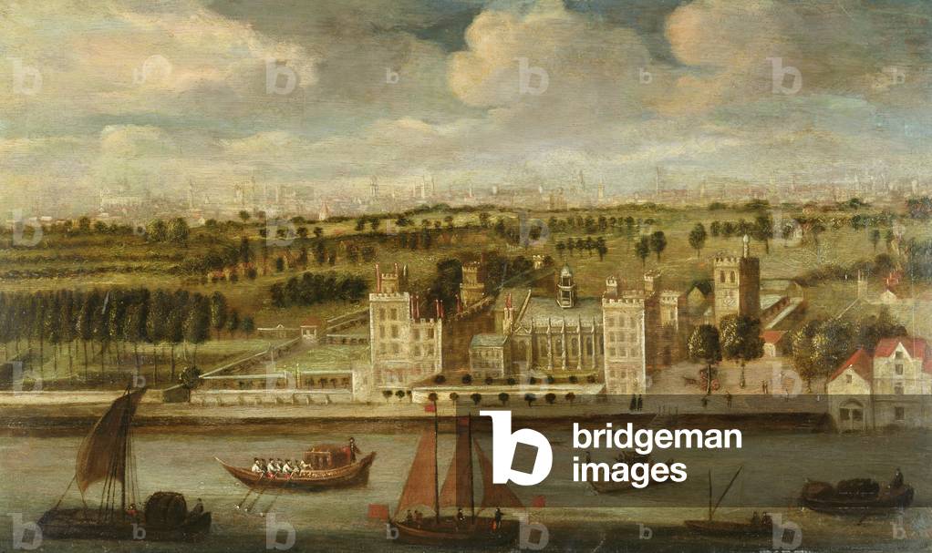 Immagine di Dipinto "Lambeth Palazzo con una vista distante della città (olio su tela)", 18th Secolo di Englis