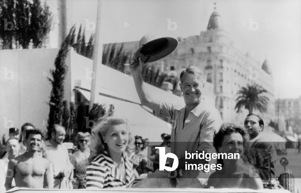 French singer Maurice Chevalier at Cannes film festival, 1949 (b/w photo)