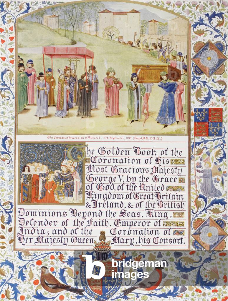 Decorative page from The Golden Book of the Coronation of King George V and his consort Queen Mary, with detail of the Coronation Procession of Richard I in 1189.  From The Illustrated London News, 1910.
