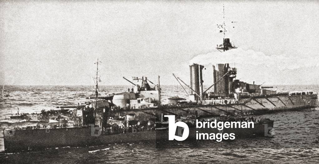The sinking of HMS Audacious after striking a German naval mine off the northern coast of Donegal, Ireland in 1914, from The Pageant of the Century, pub.1934