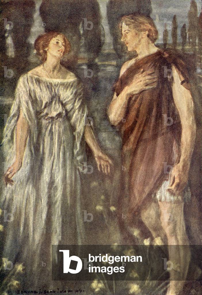 While her robes flaunted with daffodils, Illustration to the poem Lamia by John Keats, from Poems of Keats, pub.c.1910
