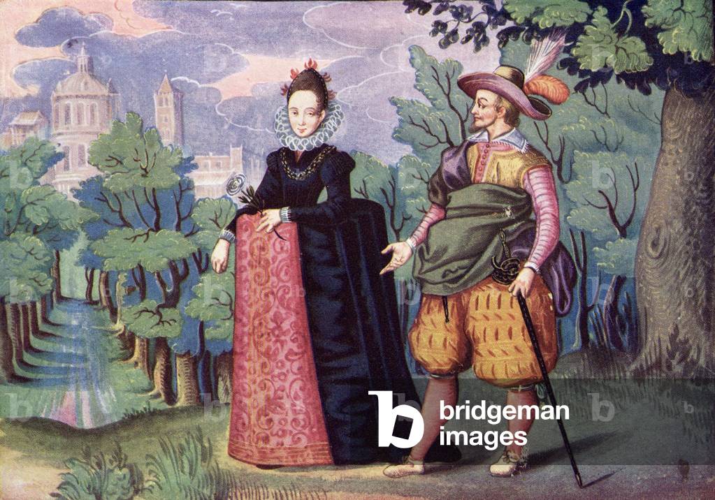 Queen Elizabeth and Sir Walter Raleigh. Coloured illustration from the Illustrated London News, Christmas Number, 1933.