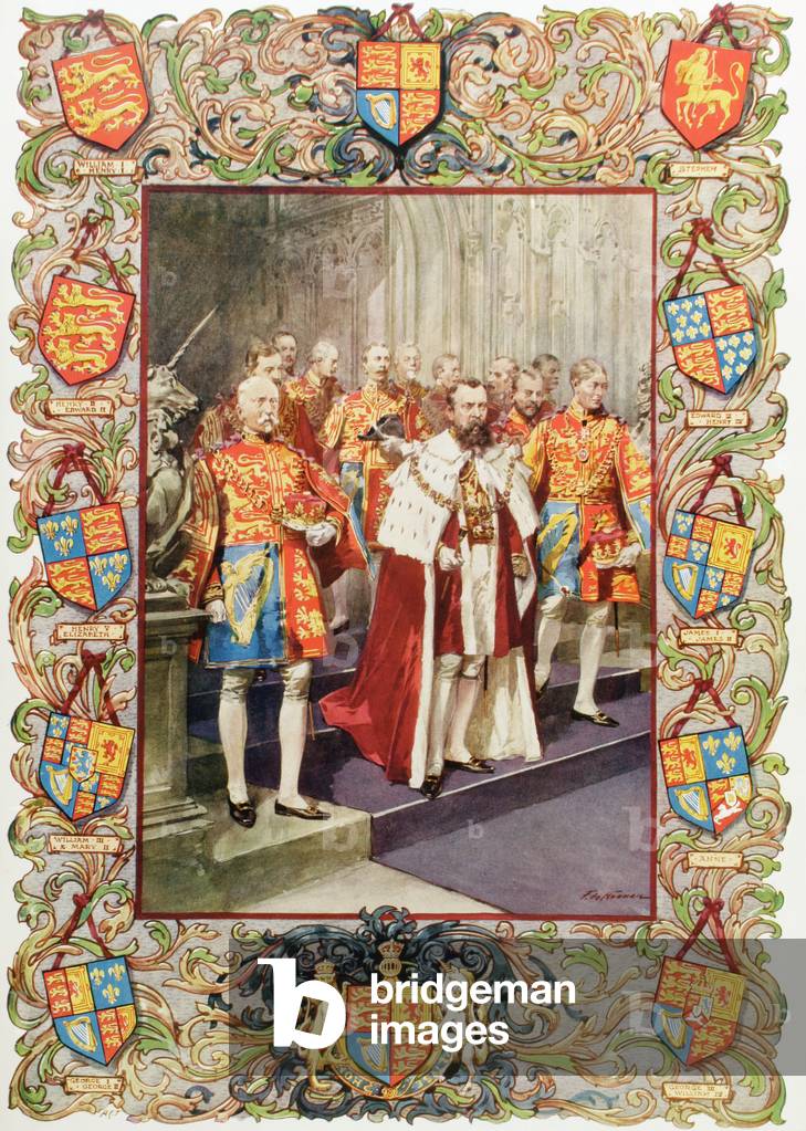 King George V and the officers of Heralds College, during his coronation in 1910, together with the arms of the English Sovereigns from William I to George V.  George V, George Frederick Ernest Albert, 1865 to 1936.  King of the United Kingdom and the British Dominions, and Emperor of India. From The Illustrated London News, 1910.