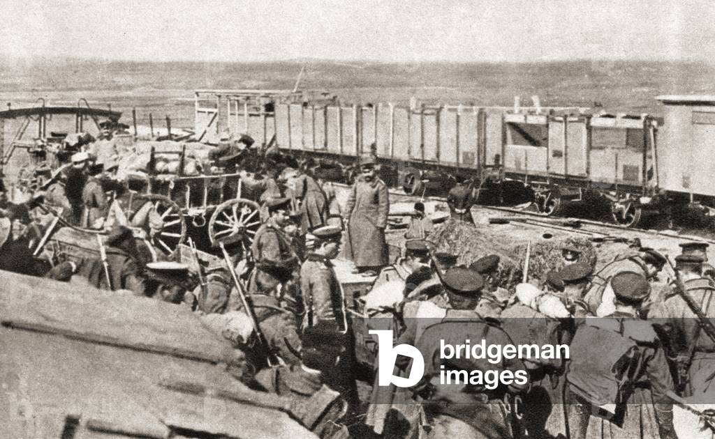 A Bulgarian transport arriving in Serbia, on the Eastern Front, during World War One, from The Pageant of the Century, pub.1934