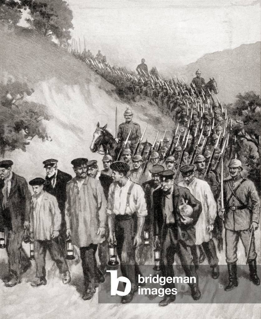 Belgian miners captured by the Germans near Charleroi, Belgium and made to march at the head of the column, which was entering the town, thereby using them as a human shield, during WWI, from 'The War Illustrated Album Deluxe', published 1915 (litho)