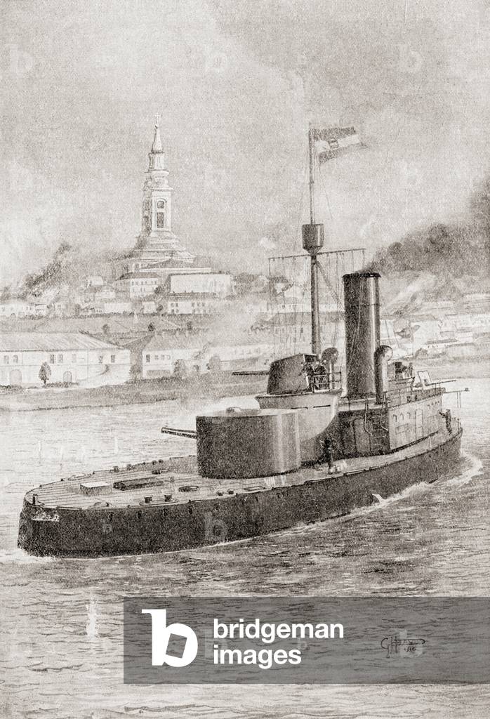 The bombardment of Belgrade, Serbia, by an Austrian Monitor during World War One, from The History of the Great War, pub.c. 1919