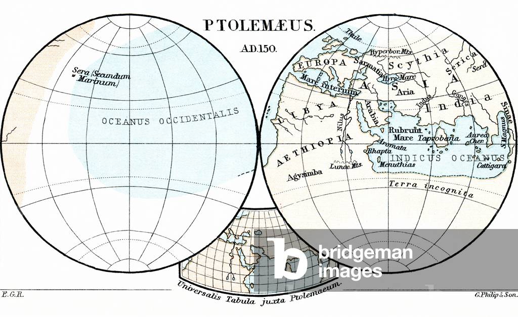Ptolemaeus Map A.D. 150.  From the book Life of Christopher Columbus by Clements R. Markham published 1892.