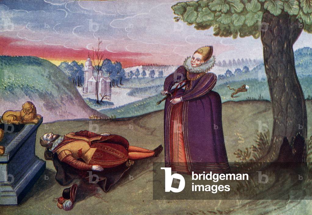 The Love Story of Pyramus and Thisbe.  After an illustration from The Livre d'Amis of Marguerite de Valois in The Illustrated London News, Christmas Number, 1933.