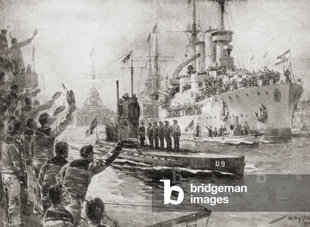The German submarine U9 receiving a heroes welcome on her return to Wilhelmshaven, WWI (litho)