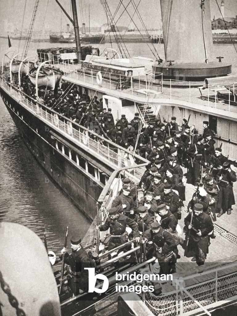 Belgian soldiers landing in Ostend under British supervision, 1914, to defend the port against the approaching enemy, from The Pageant of the Century, pub.1934