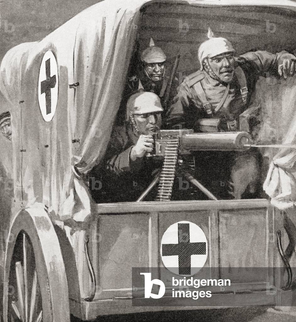 German soldiers using a red cross lorry to hide their machine gun during WWI, from 'The War Illustrated Album Deluxe', published 1915 (litho)