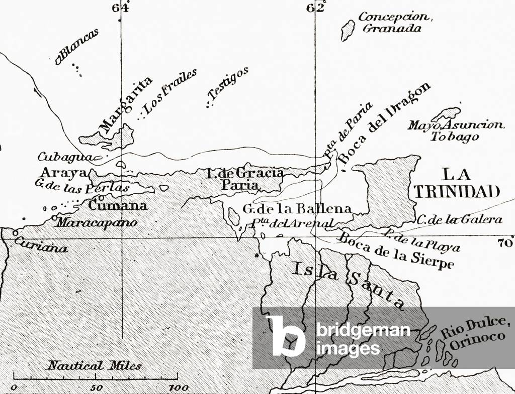 Map showing the Gulf of Paria or De La Ballena as Christopher Columbus named it on his third voyage, 1892 (print)