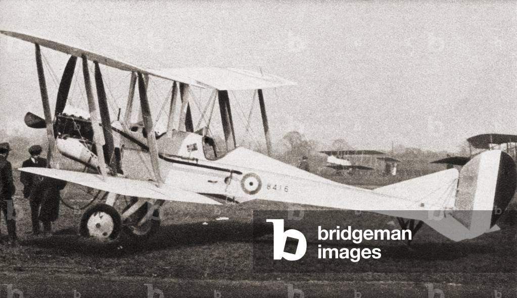 The Royal Aircraft Factory B.E.2, British single-engine tractor two-seat biplane, in service with the Royal Flying Corps (RFC) from 1912 until the end of World War I, from The Pageant of the Century, pub.1934