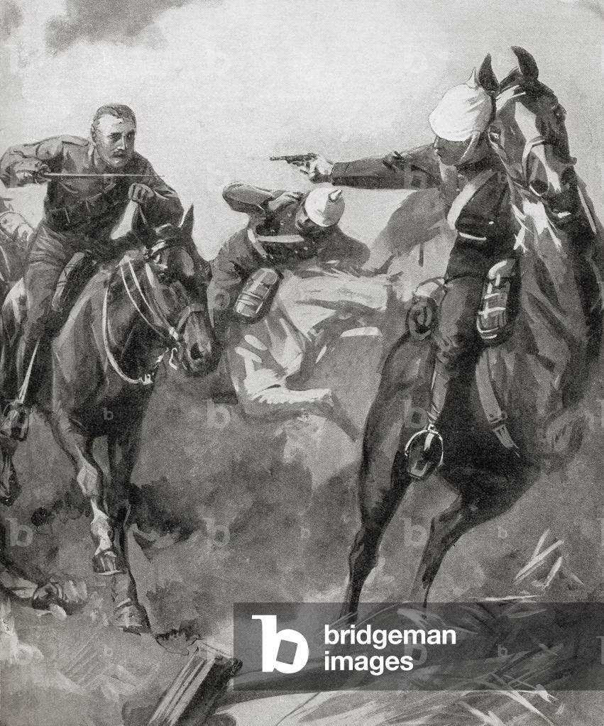 Furious charge of British cavalry at The Battle of Mons, 23rd August 1914 during WWI (litho)