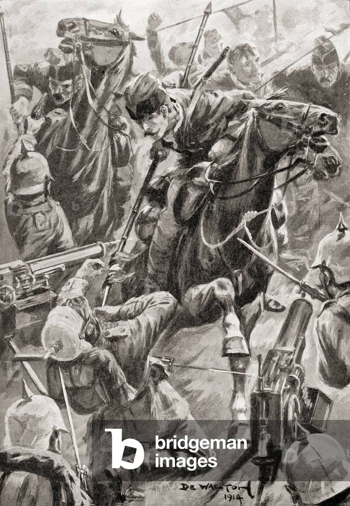 The charge of the Belgian lancers at The Battle of Haelen or Halen, also known as the Battle of the Silver Helmets, 12 August, 1914 during World War One, from The History of the Great War, pub.c. 1919