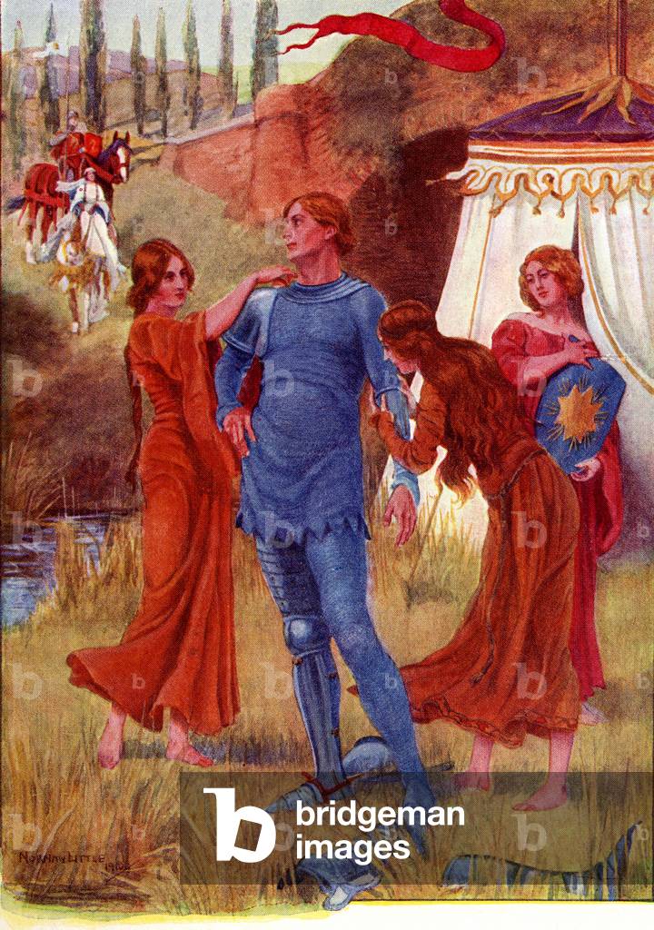 Medieval Knight, Morning Star being readied for Battle.  Coloured illustration from the story of Gareth and Lynette from the book The Gateway to Tennyson published 1910.