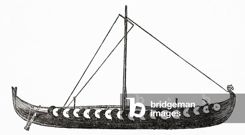 Reconstruction of  The Gokstad ship, a Viking ship found in a burial mound at Gokstad farm in Sandar, Sandefjord, Vestfold, Norway.  From The Romance of the Merchant Ship, published 1931.