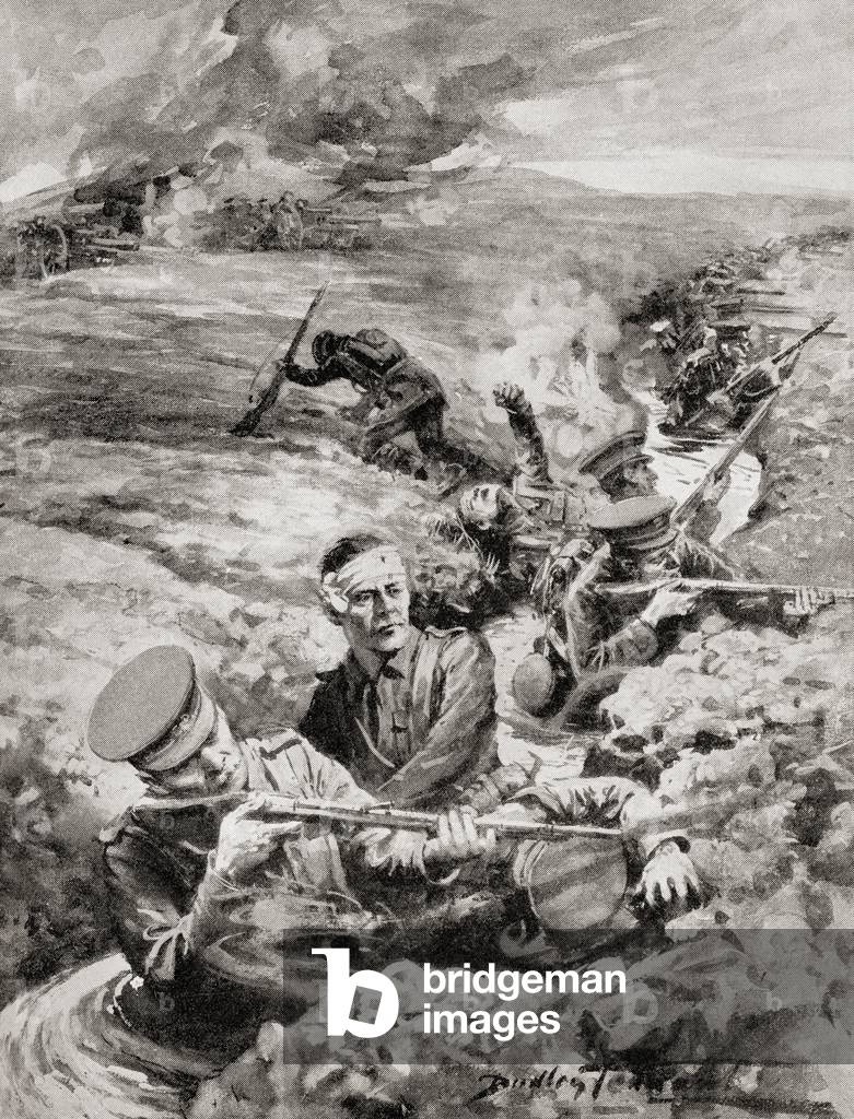 British soldiers waist deep in flooded trenches whilst fighting the First Battle of the Aisne, France during WWI (litho)